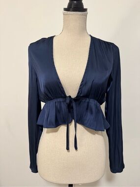 A.C.G. Navy Satin Tie-Front Satiny Blouse Small
